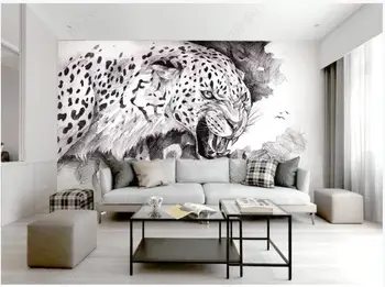 3d настенные фрески, обои на заказ, черно-белый эскиз, домашний декор с леопардовыми животными, фотообои для стен в рулонах