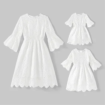PatPat Mommy and Me Белое кружевное платье с вышивкой в виде ушек и длинными рукавами
