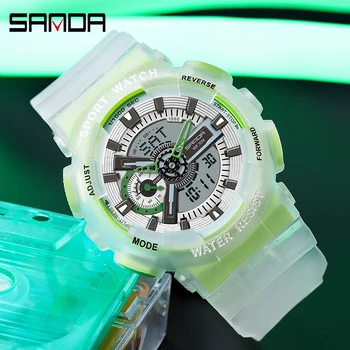 SANDA Fashion, светящиеся часы с двойным дисплеем, Мужские часы, Водонепроницаемый Флуоресцентный Зеленый Прозрачный ремешок, спортивные часы Reloj Hombre