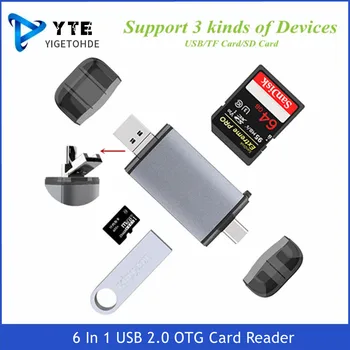 YIGETOHDE 6 В 1 USB 2,0 OTG Кардридер TYPE-C/microUSB/USB2.0/TF/SD Карты памяти Для Чтения карт памяти Компьютера Ноутбука телефона Android