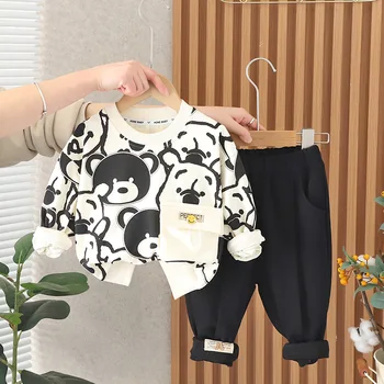 Корейский Комплект одежды для маленьких мальчиков, Весенне-осенние футболки с круглым вырезом и длинными рукавами с мультяшным принтом, Топы и брюки, 2 предмета, Детская Дизайнерская одежда