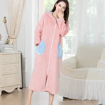 Новый фланелевый халат, женский коралловый флисовый халат с капюшоном, теплый утепленный термальный халат, милое длинное платье с карманами, пижамы, зимняя домашняя одежда, халат